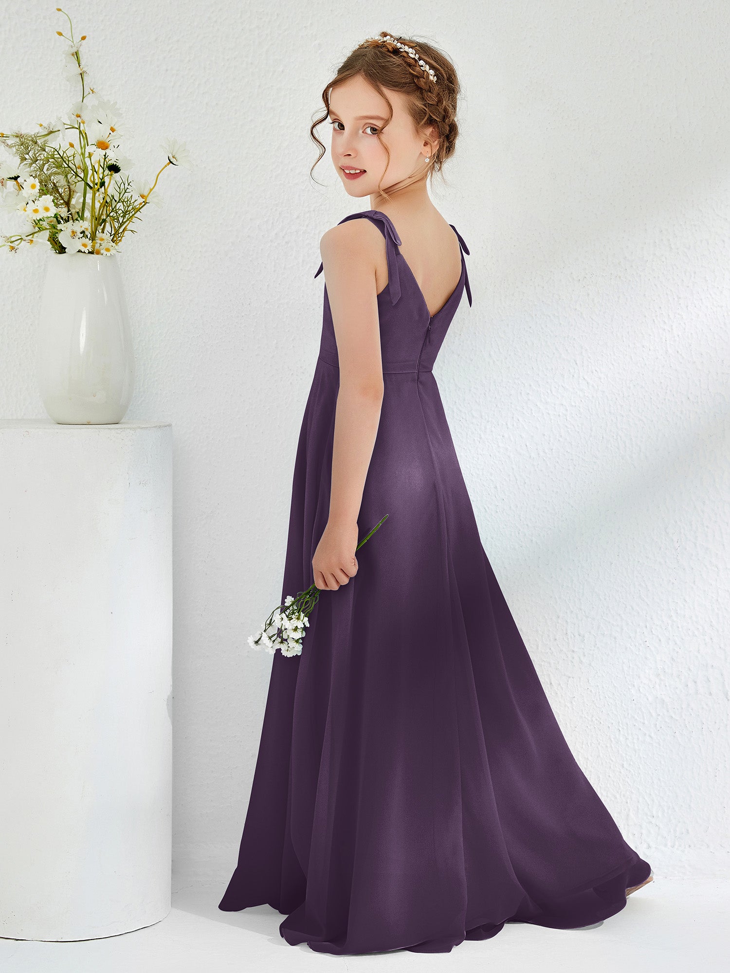 V-neck A-line Chiffon Junior Bridesmaid Dresses Plum
